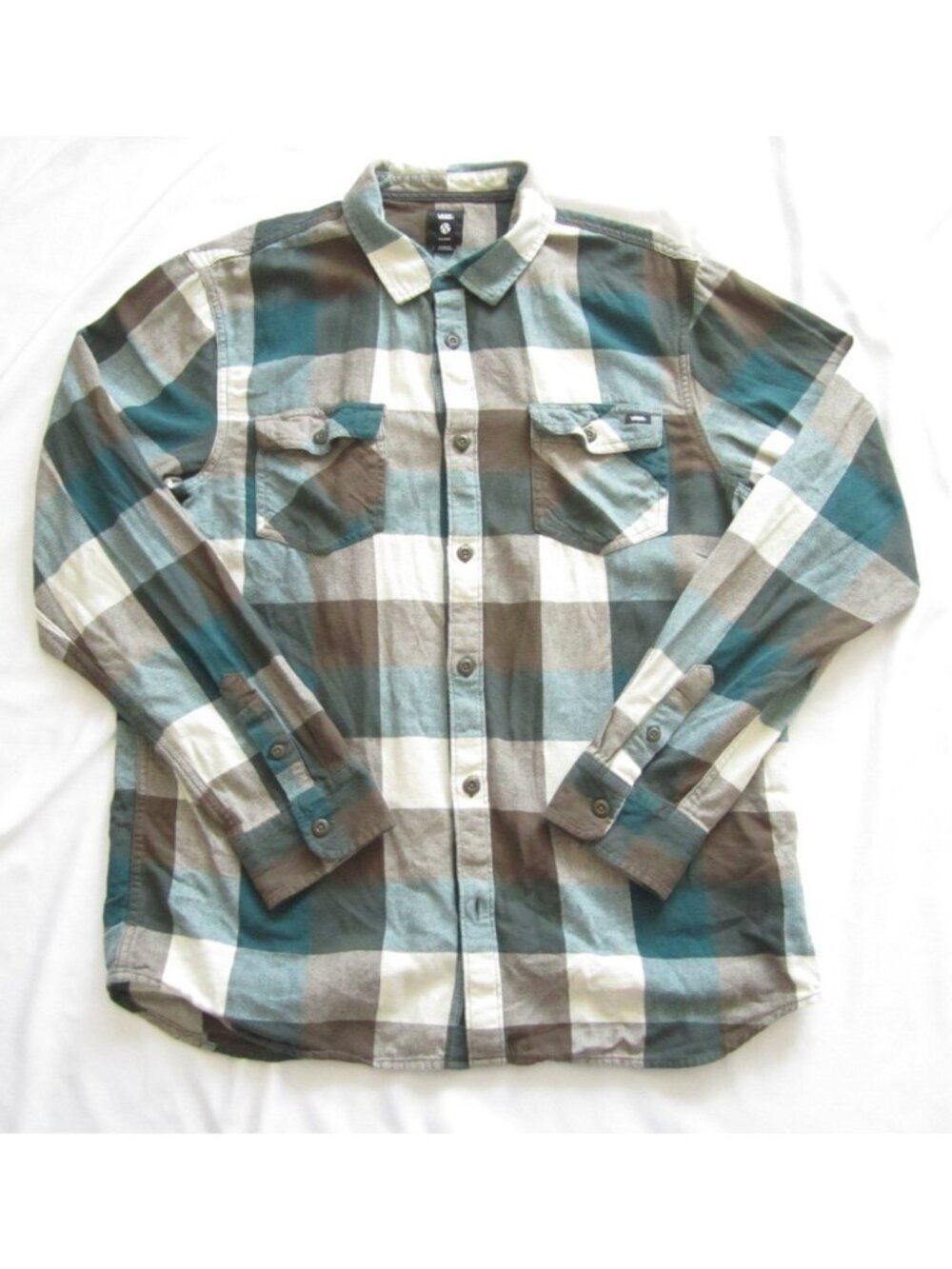 Vans Off The Wall Flannel Shirt XL Slim Fit Blue Brown Plaid Skater Grunge Y2K